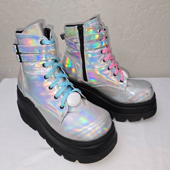 Demonia Shaker 52 Platform Holographic Goth Boots Women's Size 12 - Picture 2 of 11